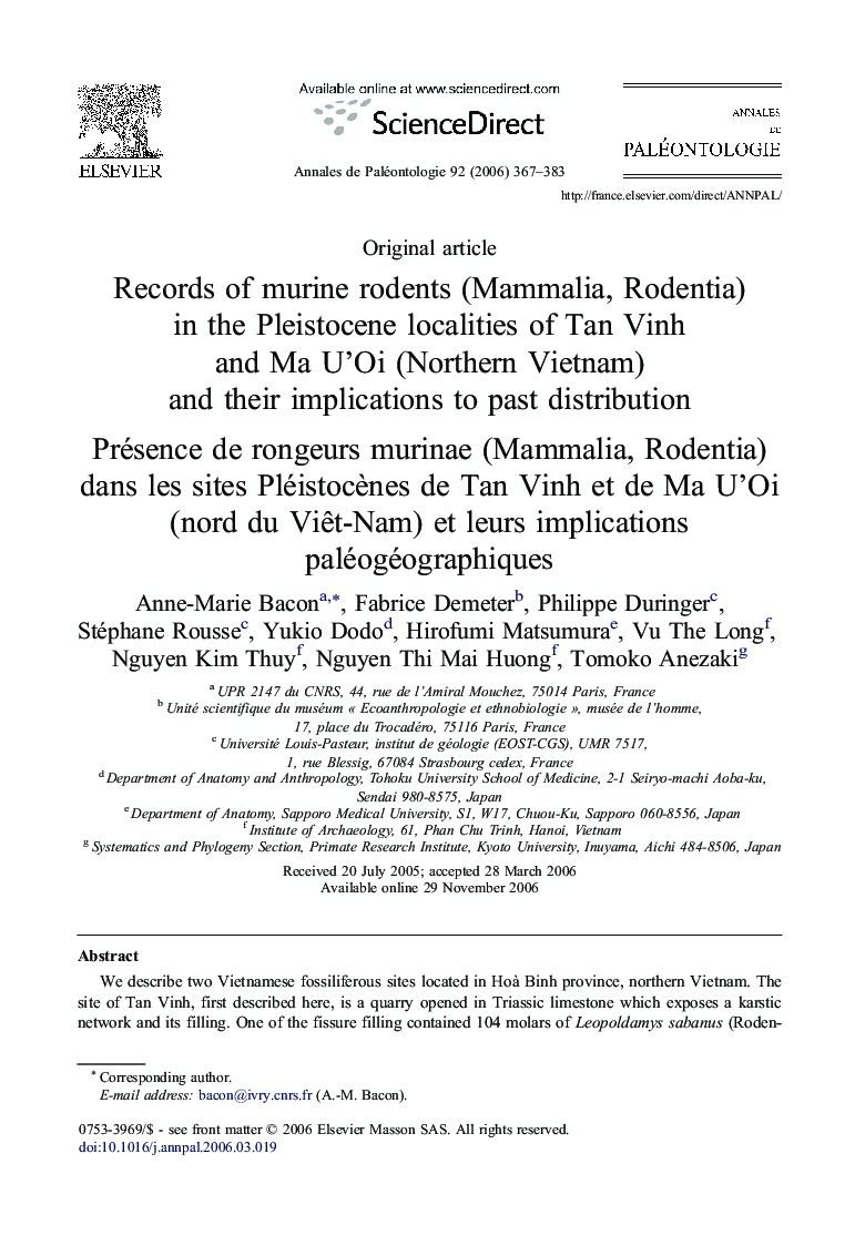 Records of murine rodents (Mammalia, Rodentia) in the Pleistocene localities of Tan Vinh and Ma U’Oi (Northern Vietnam) and their implications to past distribution