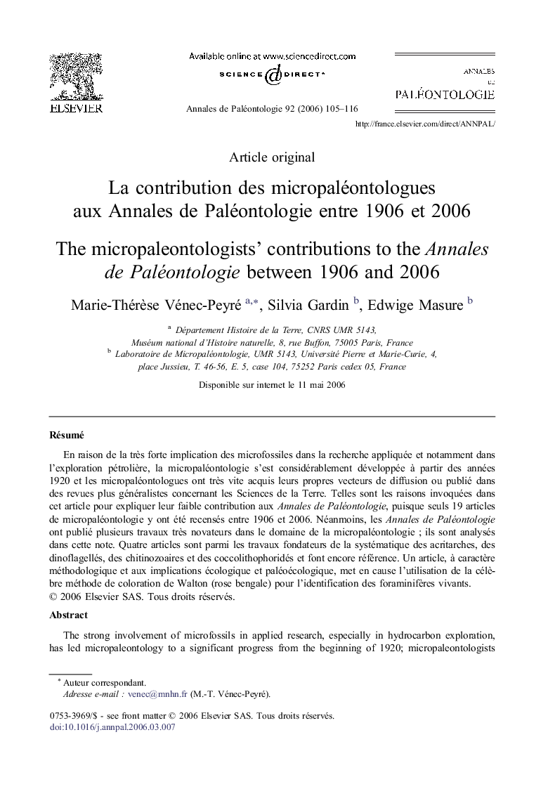La contribution des micropaléontologues aux Annales de Paléontologie entre 1906 et 2006