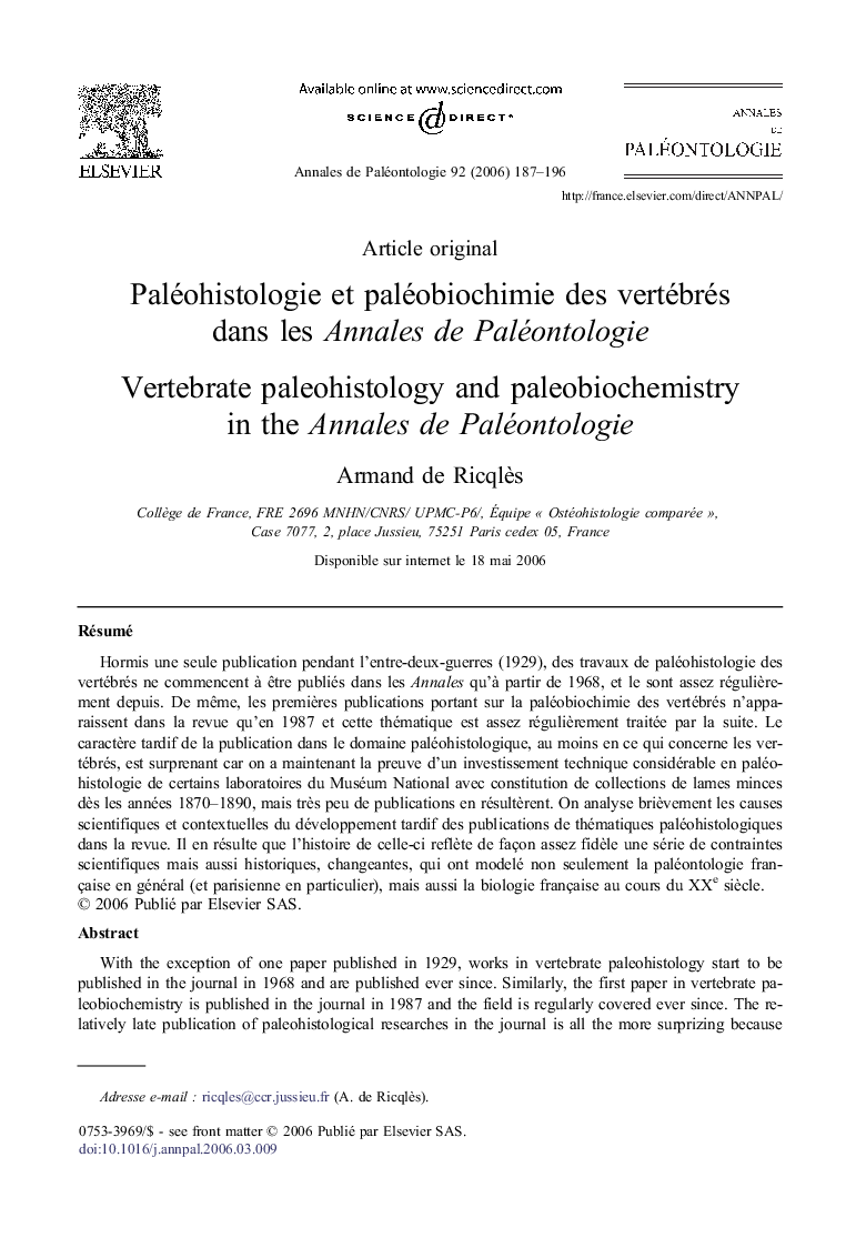 Paléohistologie et paléobiochimie des vertébrés dans les Annales de Paléontologie