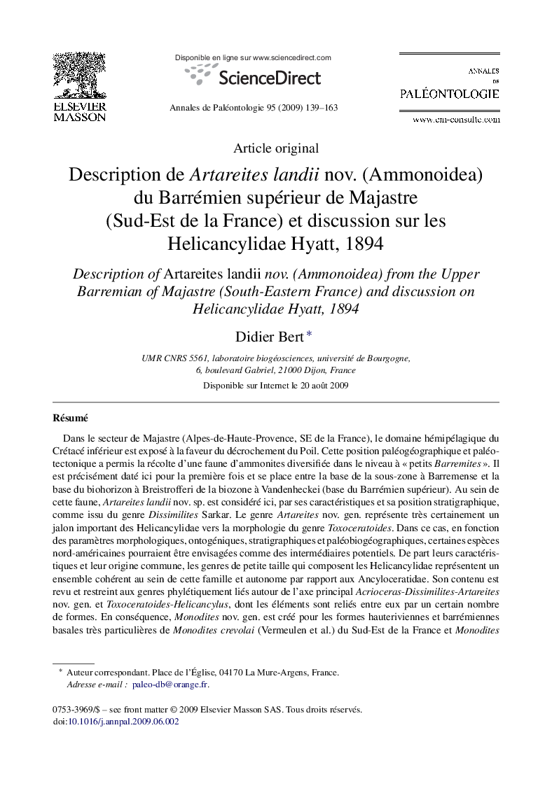 Description de Artareites landii nov. (Ammonoidea) du Barrémien supérieur de Majastre (Sud-Est de la France) et discussion sur les Helicancylidae Hyatt, 1894