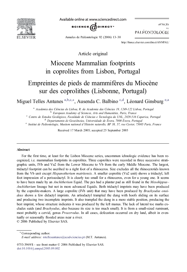Miocene Mammalian footprints in coprolites from Lisbon, Portugal