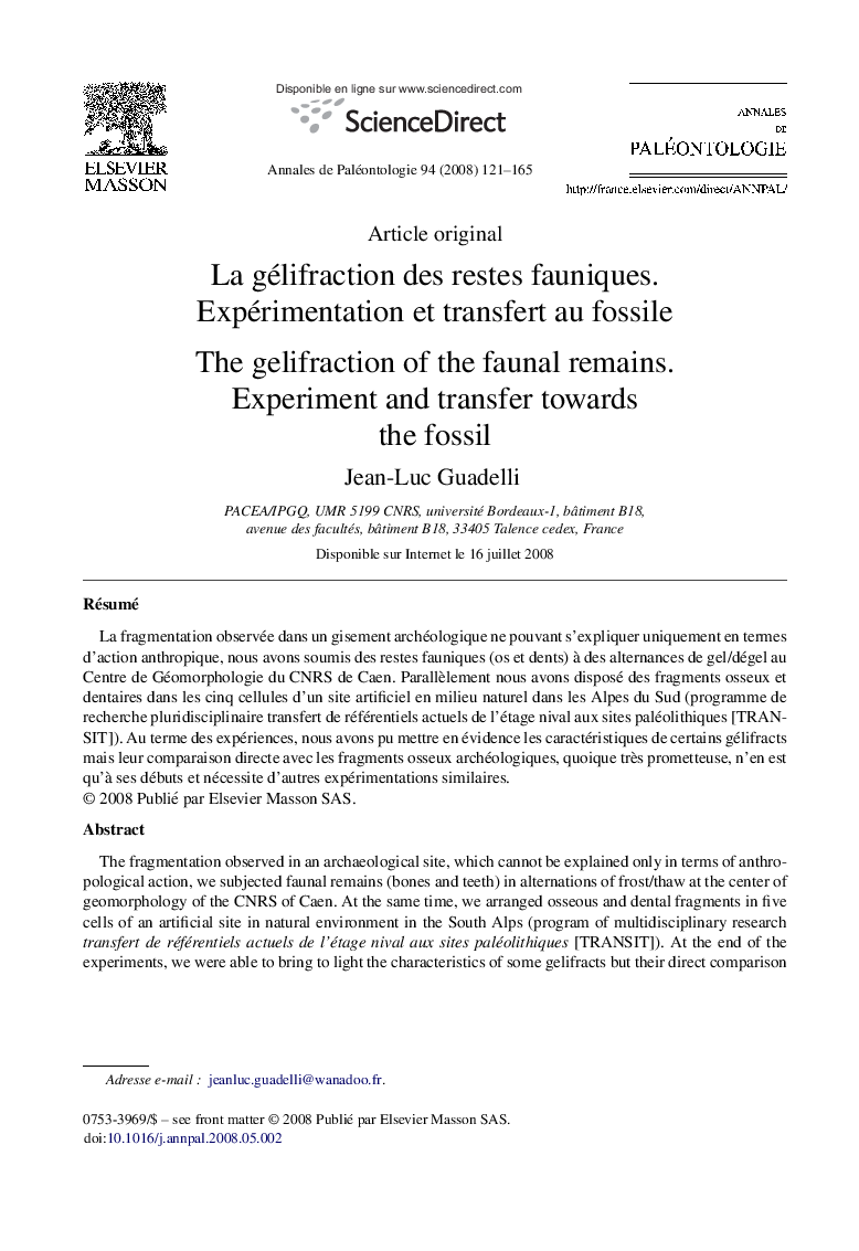 La gélifraction des restes fauniques. Expérimentation et transfert au fossile