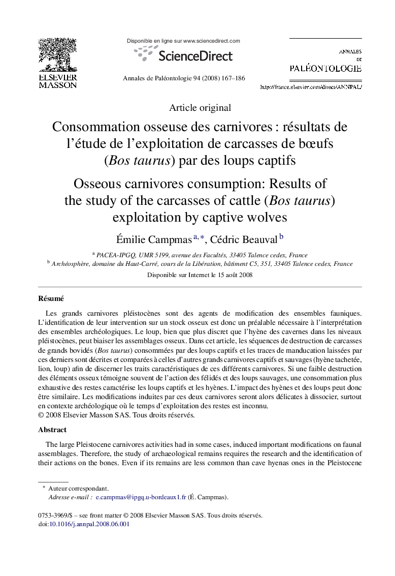 Consommation osseuse des carnivores : résultats de l’étude de l’exploitation de carcasses de bœufs (Bos taurus) par des loups captifs