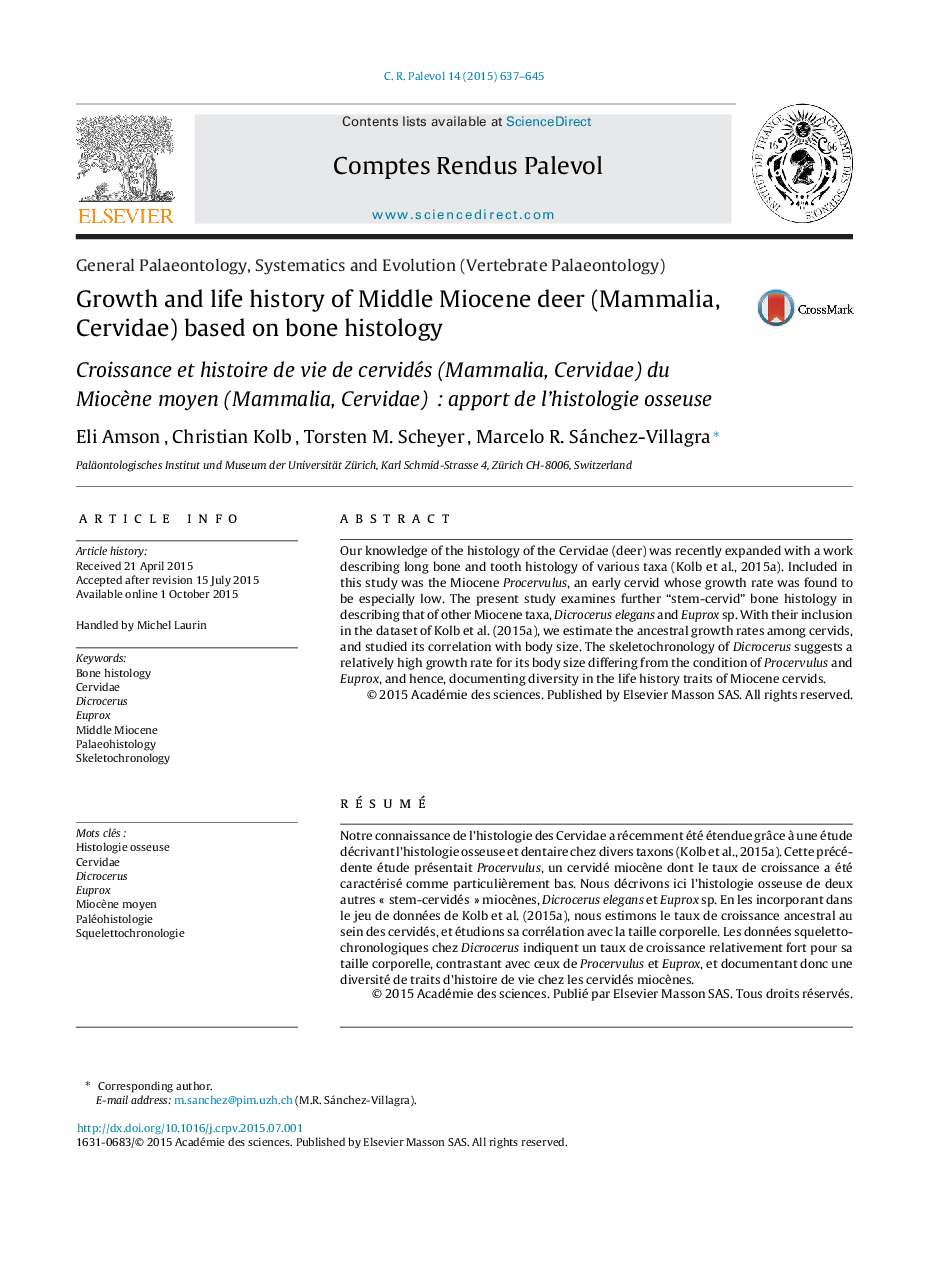 Growth and life history of Middle Miocene deer (Mammalia, Cervidae) based on bone histology