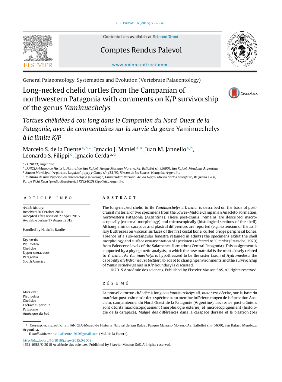 Long-necked chelid turtles from the Campanian of northwestern Patagonia with comments on K/P survivorship of the genus Yaminuechelys