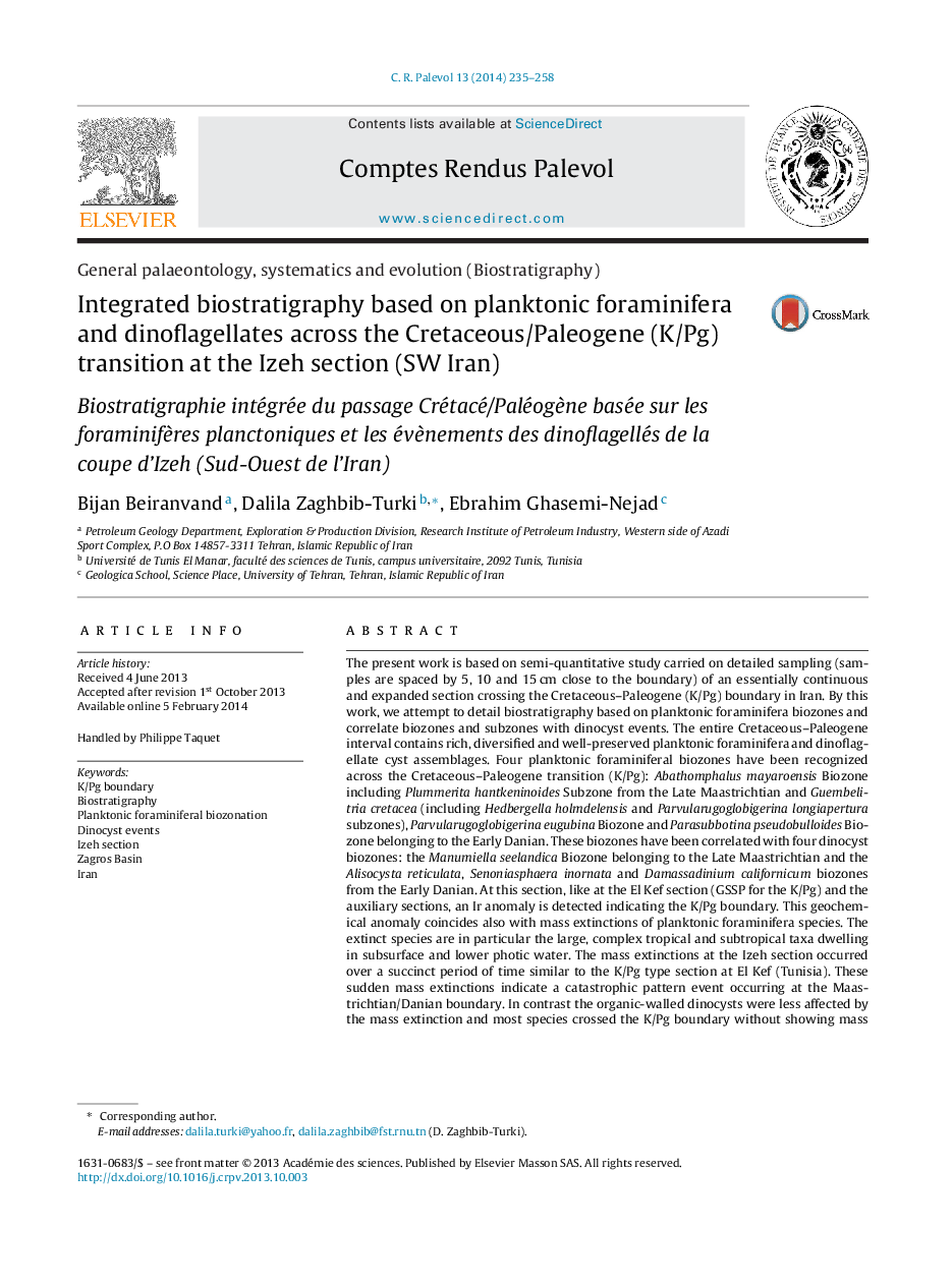 Integrated biostratigraphy based on planktonic foraminifera and dinoflagellates across the Cretaceous/Paleogene (K/Pg) transition at the Izeh section (SW Iran)