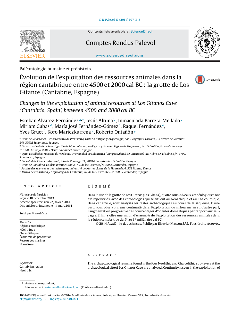 Évolution de l’exploitation des ressources animales dans la région cantabrique entre 4500 et 2000 cal BC : la grotte de Los Gitanos (Cantabrie, Espagne)