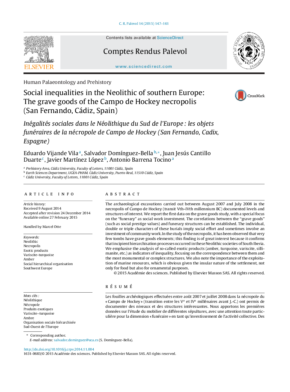 Social inequalities in the Neolithic of southern Europe: The grave goods of the Campo de Hockey necropolis (San Fernando, Cádiz, Spain)