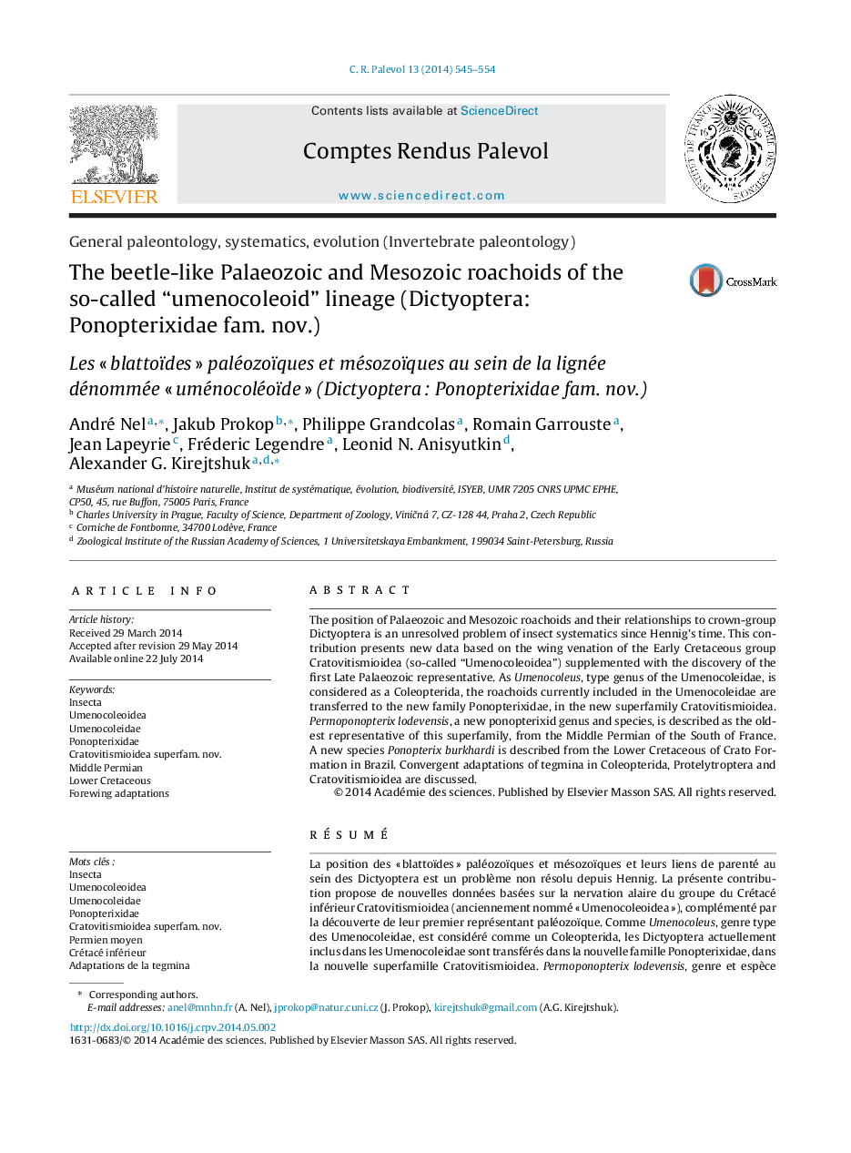 The beetle-like Palaeozoic and Mesozoic roachoids of the so-called “umenocoleoid” lineage (Dictyoptera: Ponopterixidae fam. nov.)