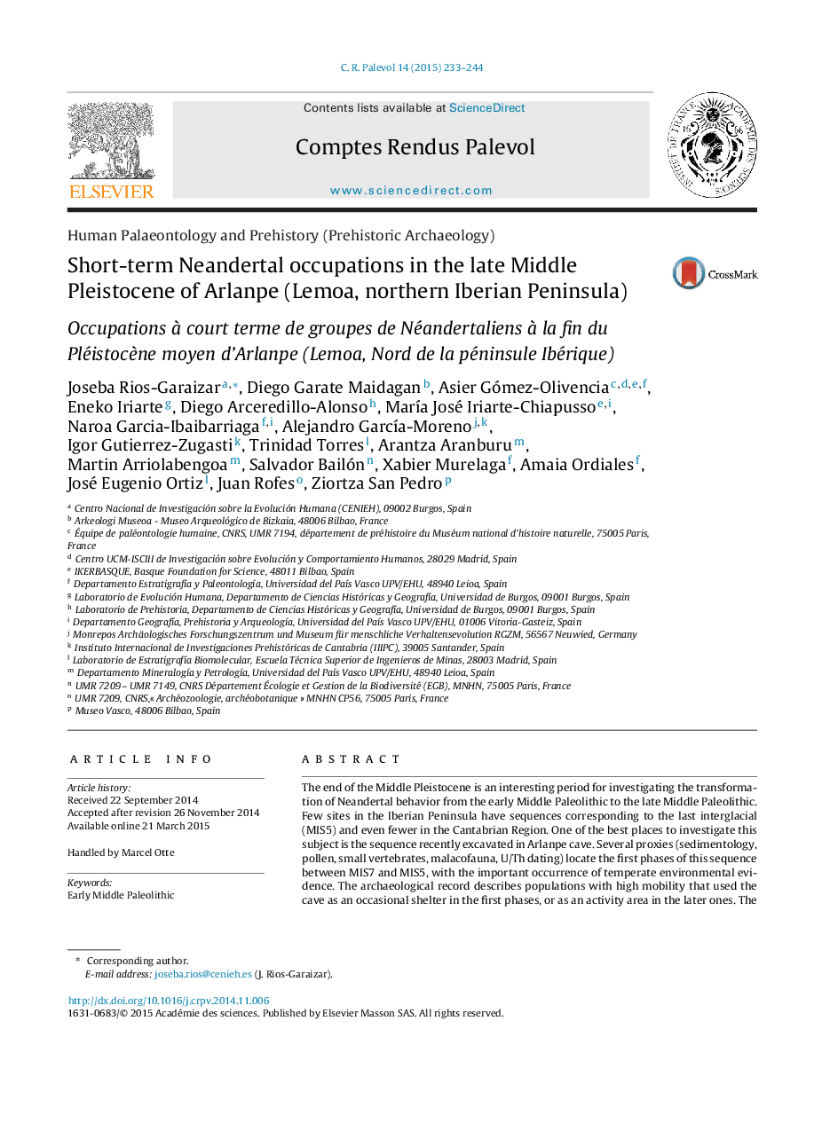 Short-term Neandertal occupations in the late Middle Pleistocene of Arlanpe (Lemoa, northern Iberian Peninsula)