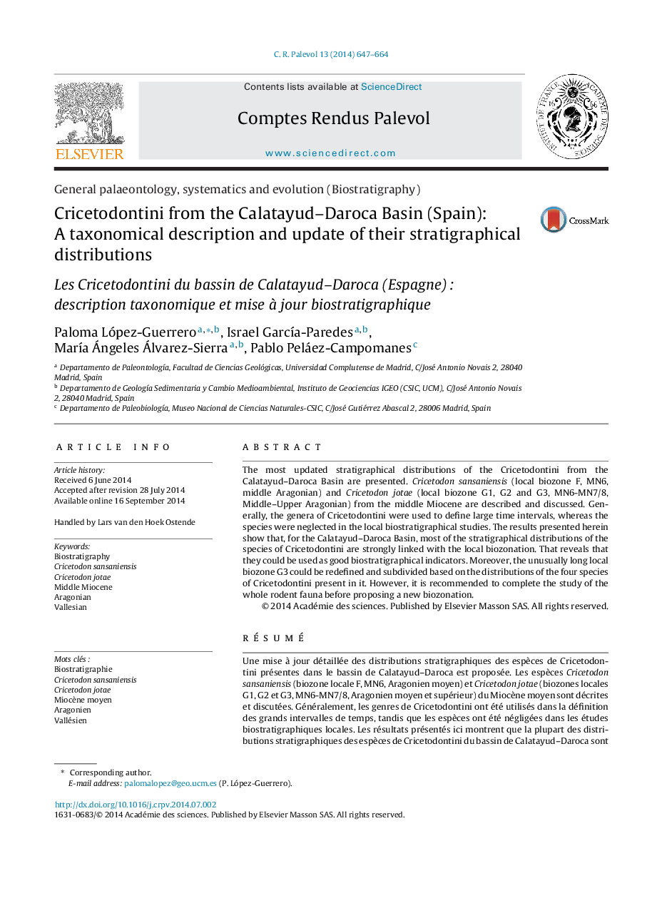 Cricetodontini from the Calatayud–Daroca Basin (Spain): A taxonomical description and update of their stratigraphical distributions