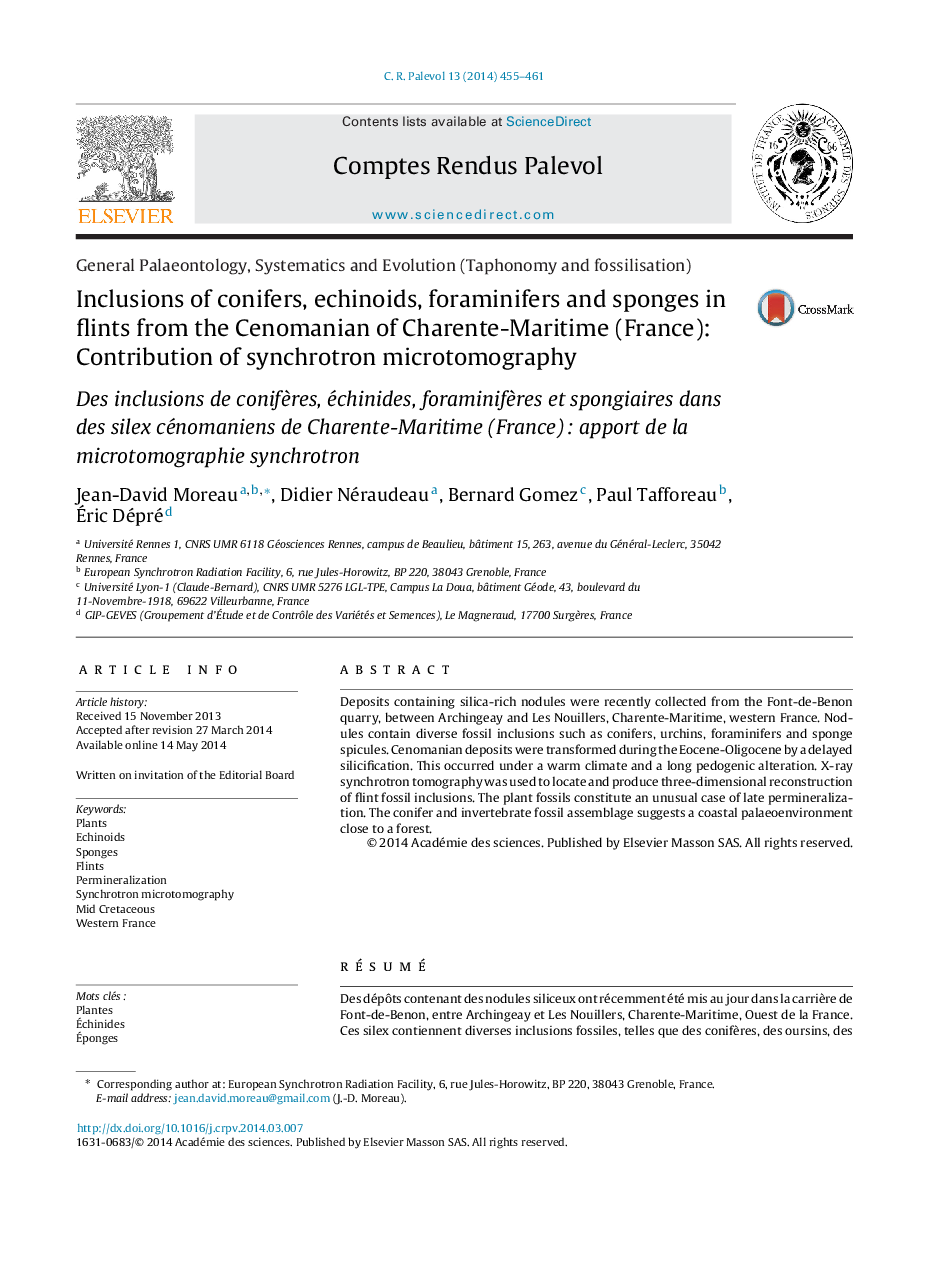 Inclusions of conifers, echinoids, foraminifers and sponges in flints from the Cenomanian of Charente-Maritime (France): Contribution of synchrotron microtomography
