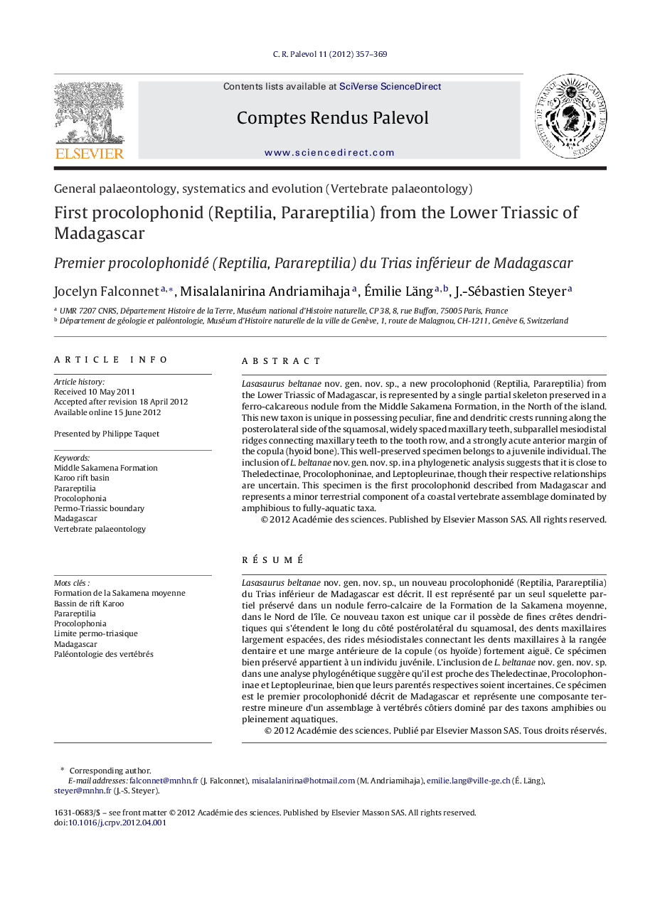 First procolophonid (Reptilia, Parareptilia) from the Lower Triassic of Madagascar