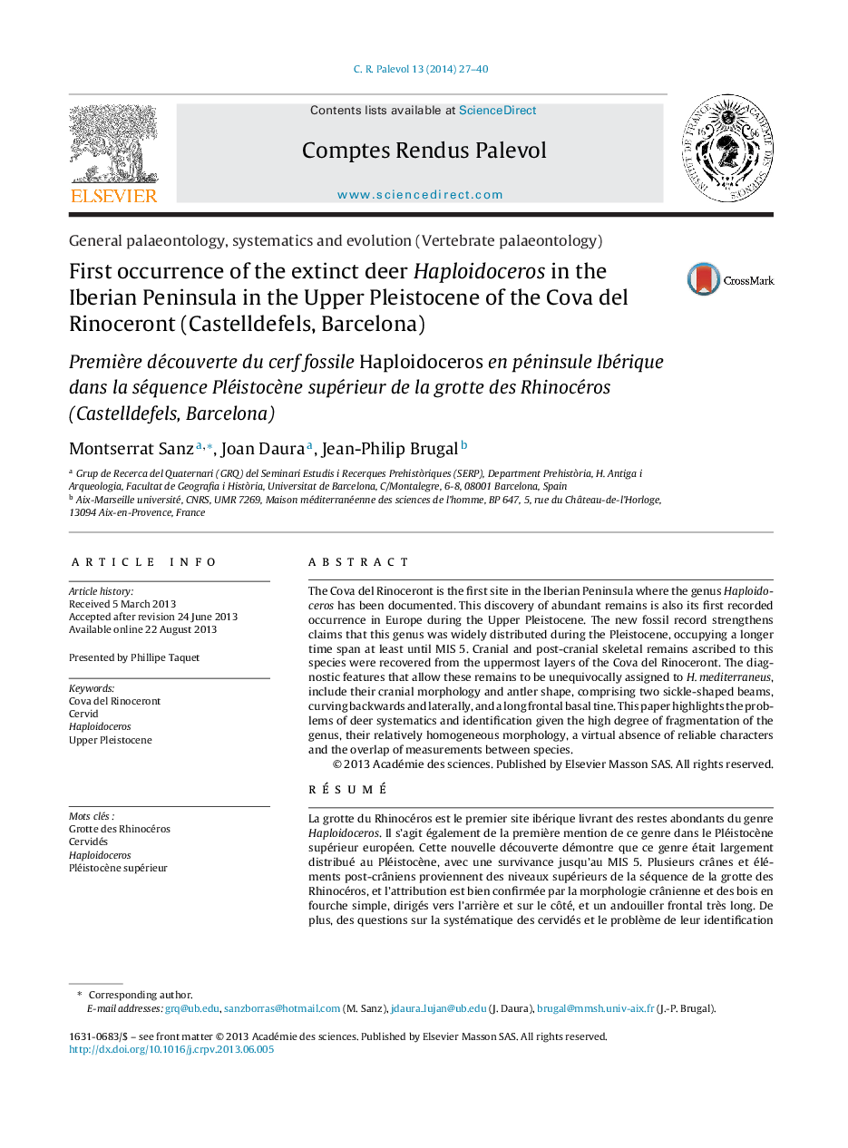 First occurrence of the extinct deer Haploidoceros in the Iberian Peninsula in the Upper Pleistocene of the Cova del Rinoceront (Castelldefels, Barcelona)