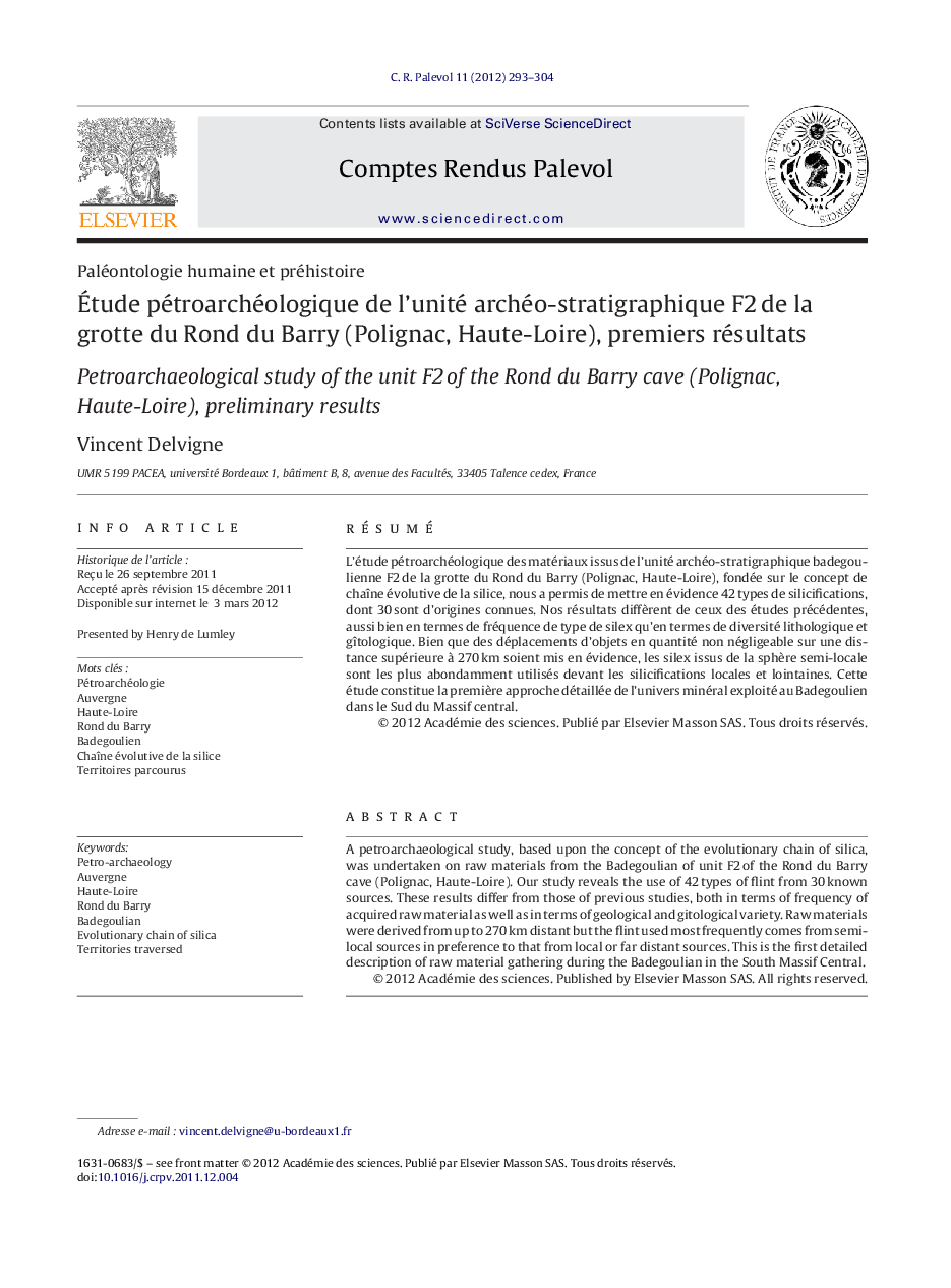 Ãtude pétroarchéologique de l'unité archéo-stratigraphique F2Â de la grotte du Rond du Barry (Polignac, Haute-Loire), premiers résultats
