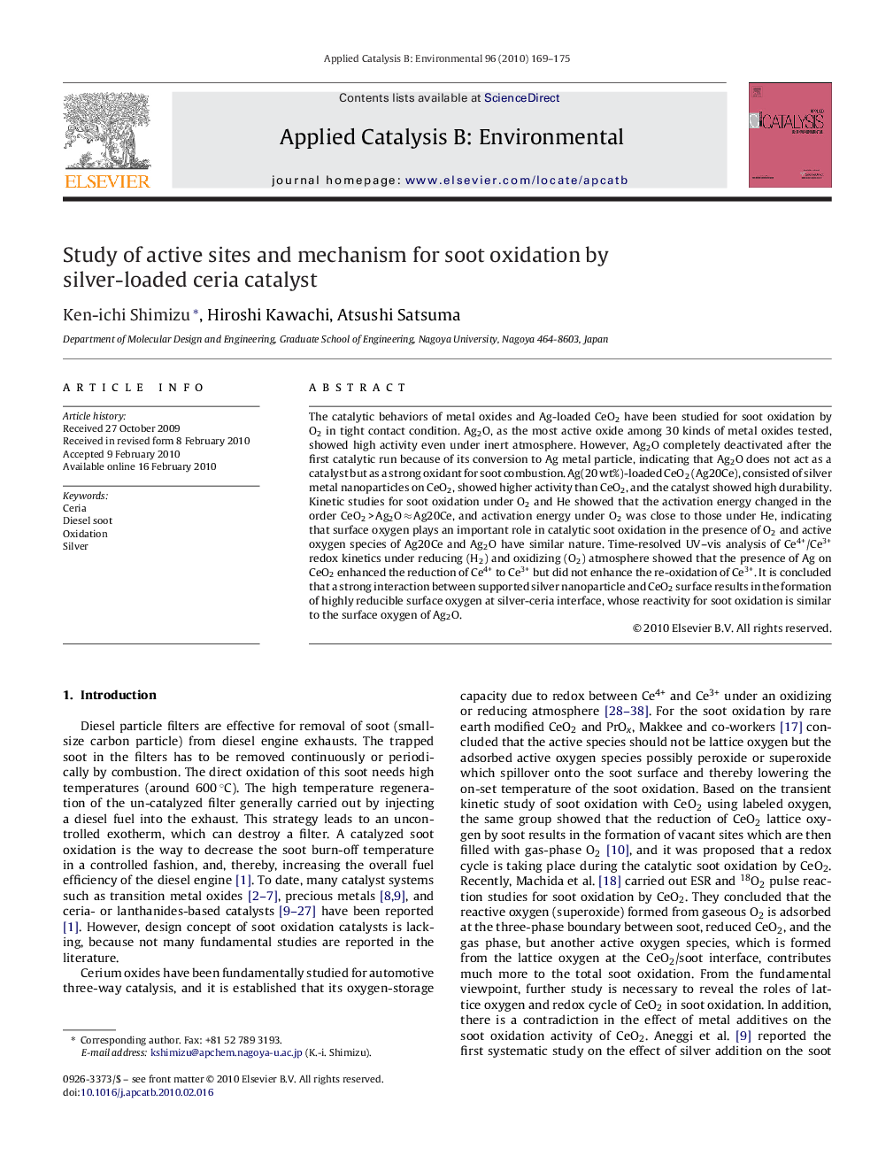 Study of active sites and mechanism for soot oxidation by silver-loaded ceria catalyst