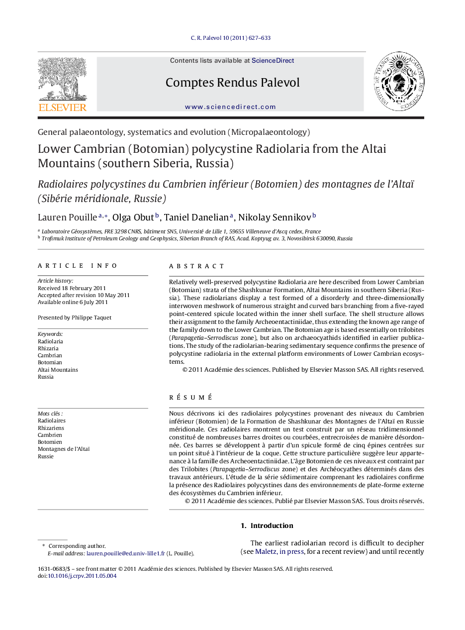 Lower Cambrian (Botomian) polycystine Radiolaria from the Altai Mountains (southern Siberia, Russia)