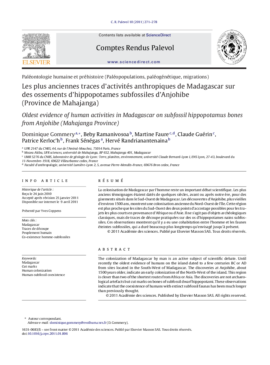 Les plus anciennes traces d’activités anthropiques de Madagascar sur des ossements d’hippopotames subfossiles d’Anjohibe (Province de Mahajanga)