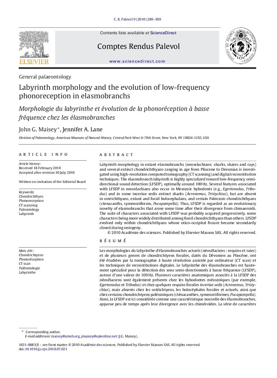 عکس صفحه اول مقاله: Labyrinth morphology and the evolution of low-frequency phonoreception in elasmobranchs Labyrinth morphology and the evolution of low-frequency phonoreception in elasmobranchs