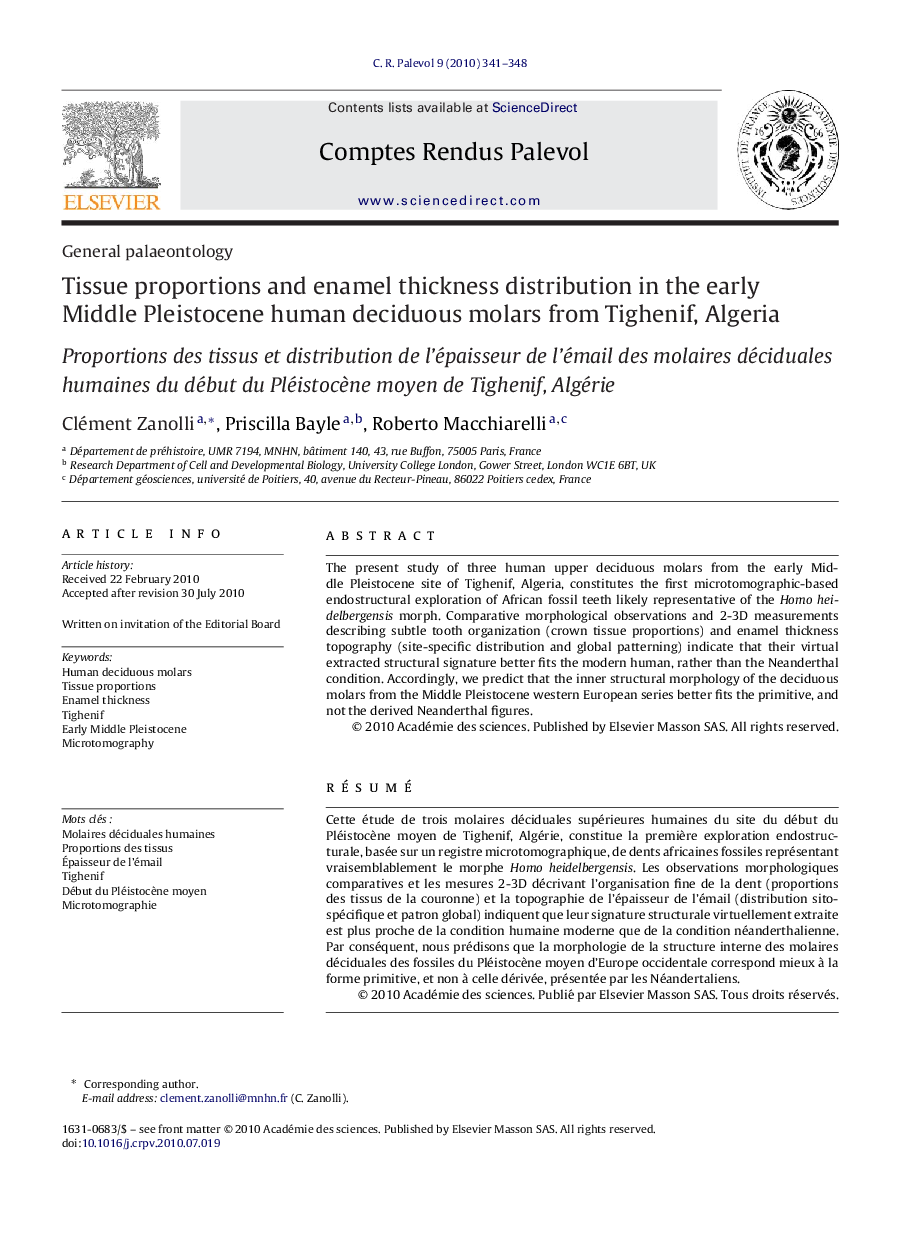 Tissue proportions and enamel thickness distribution in the early Middle Pleistocene human deciduous molars from Tighenif, Algeria