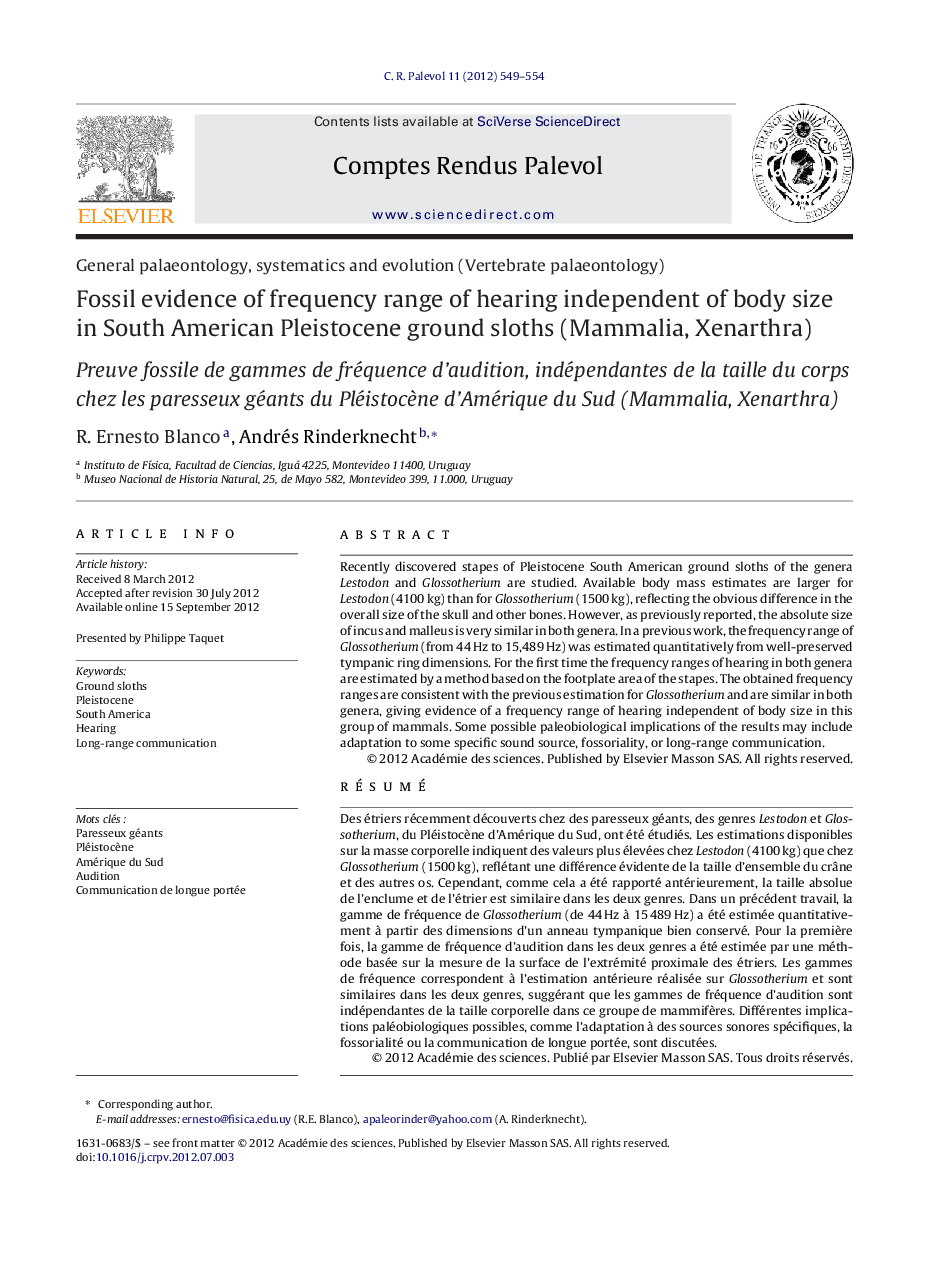 Fossil evidence of frequency range of hearing independent of body size in South American Pleistocene ground sloths (Mammalia, Xenarthra)