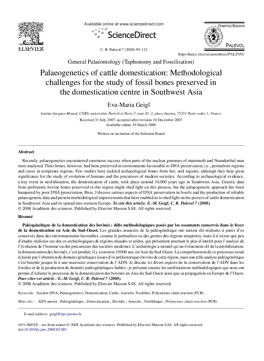 Palaeogenetics of cattle domestication: Methodological challenges for the study of fossil bones preserved in the domestication centre in Southwest Asia