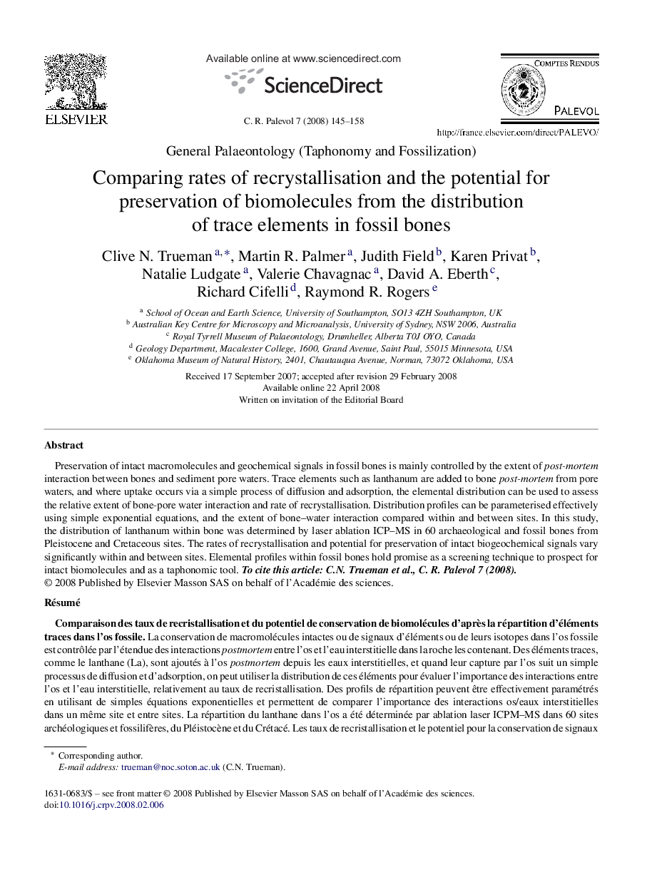 Comparing rates of recrystallisation and the potential for preservation of biomolecules from the distribution of trace elements in fossil bones