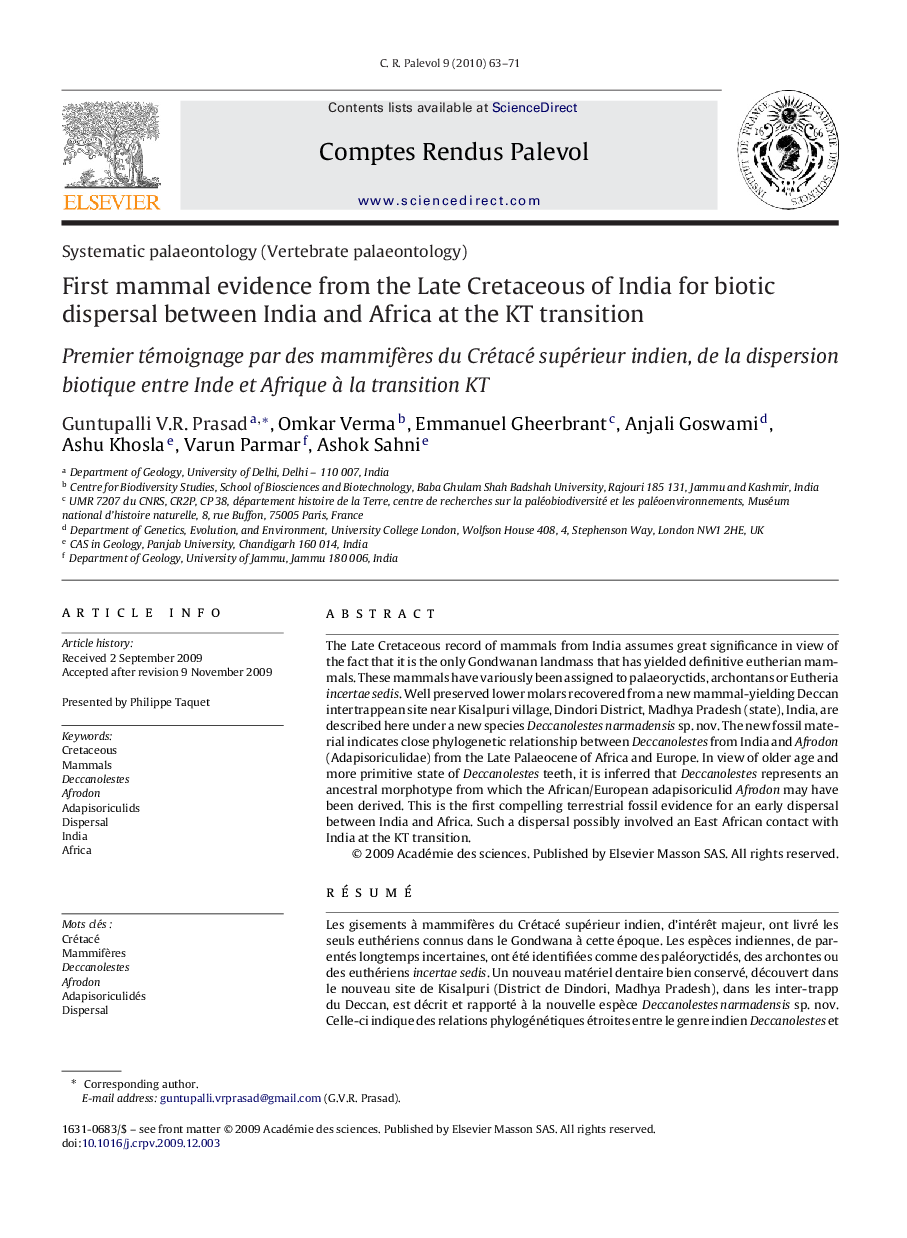 First mammal evidence from the Late Cretaceous of India for biotic dispersal between India and Africa at the KT transition