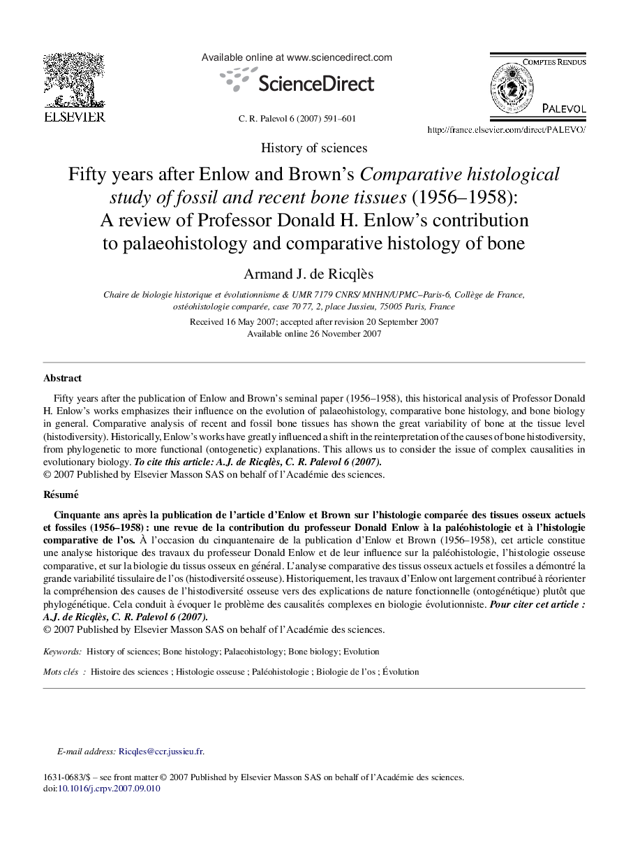 Fifty years after Enlow and Brown's Comparative histological study of fossil and recent bone tissues (1956-1958): A review of Professor Donald H. Enlow's contribution to palaeohistology and comparative histology of bone