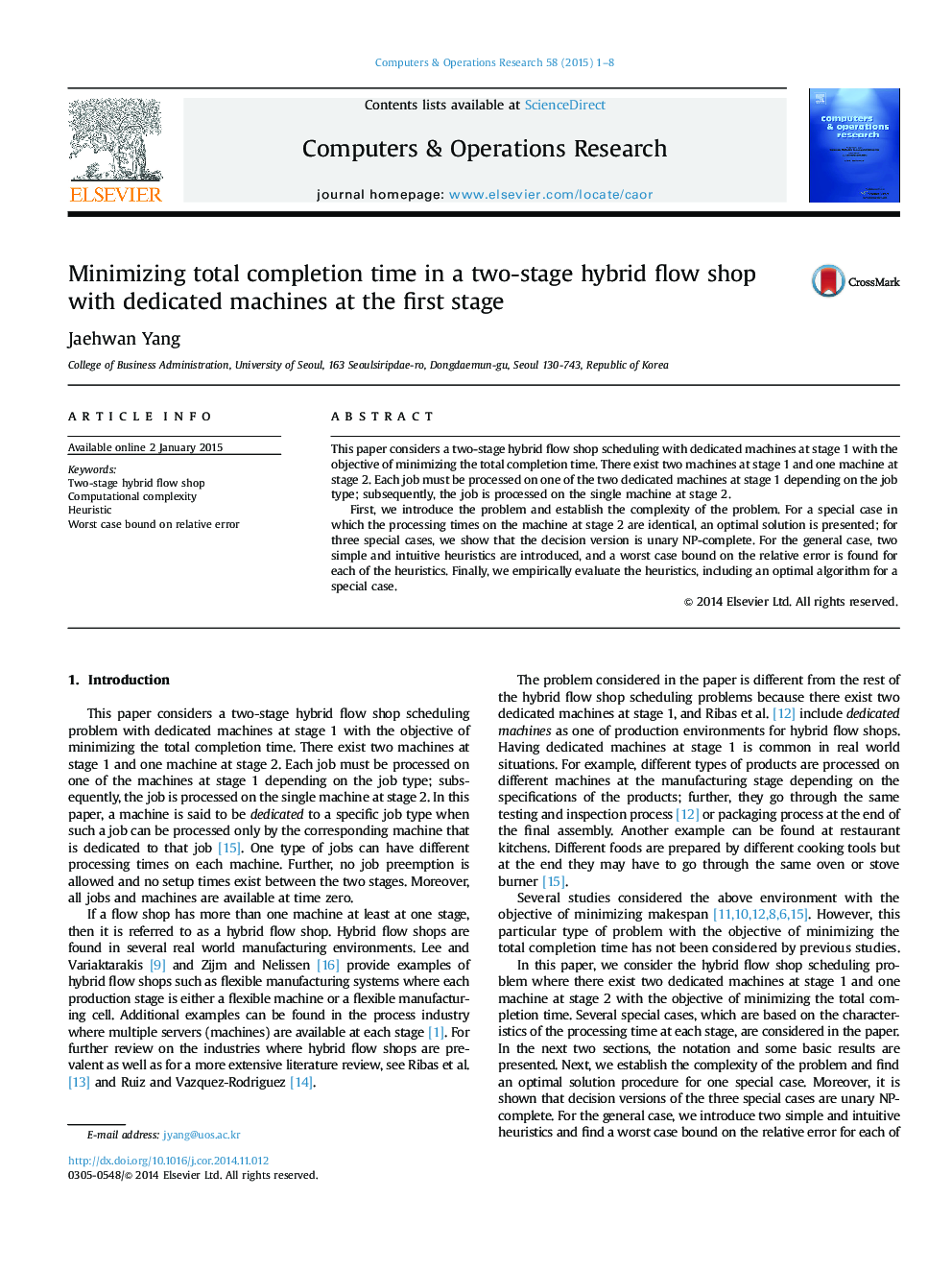 Minimizing total completion time in a two-stage hybrid flow shop with dedicated machines at the first stage