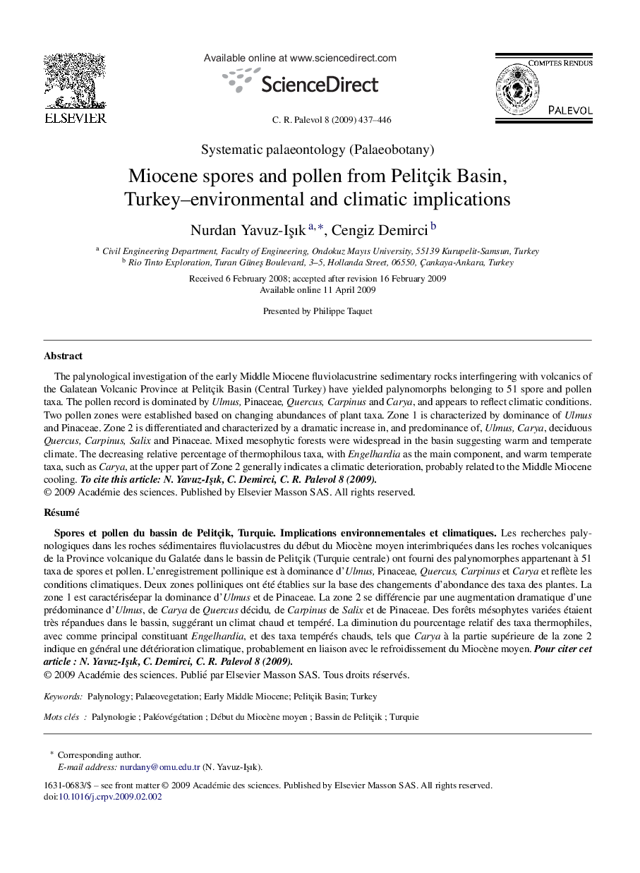 Miocene spores and pollen from Pelitçik Basin, Turkey–environmental and climatic implications