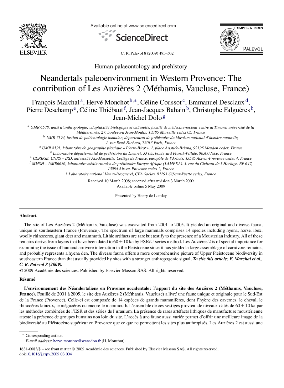 Neandertals paleoenvironment in Western Provence: The contribution of Les Auzières 2 (Méthamis, Vaucluse, France)