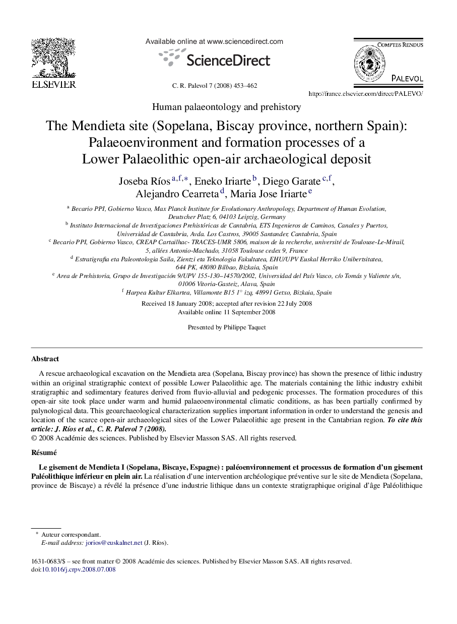 The Mendieta site (Sopelana, Biscay province, northern Spain): Palaeoenvironment and formation processes of a Lower Palaeolithic open-air archaeological deposit