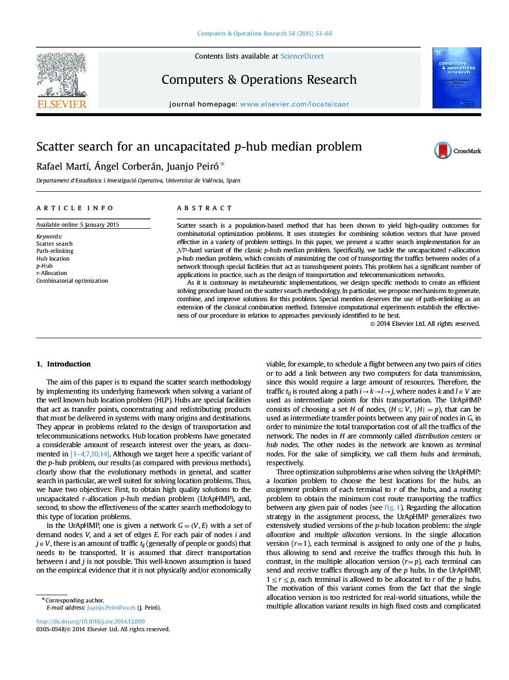 Scatter search for an uncapacitated p-hub median problem