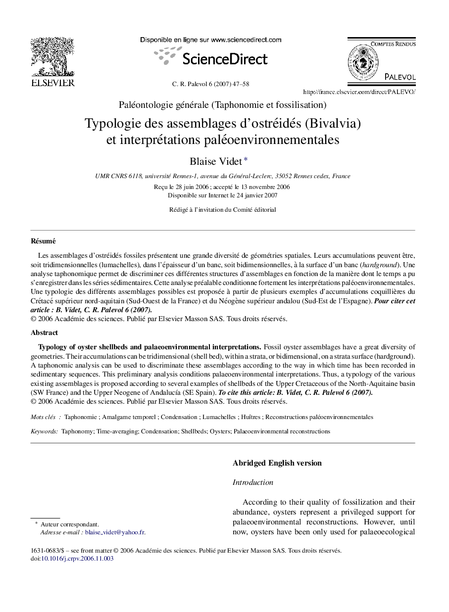 Typologie des assemblages d'ostréidés (Bivalvia) et interprétations paléoenvironnementales