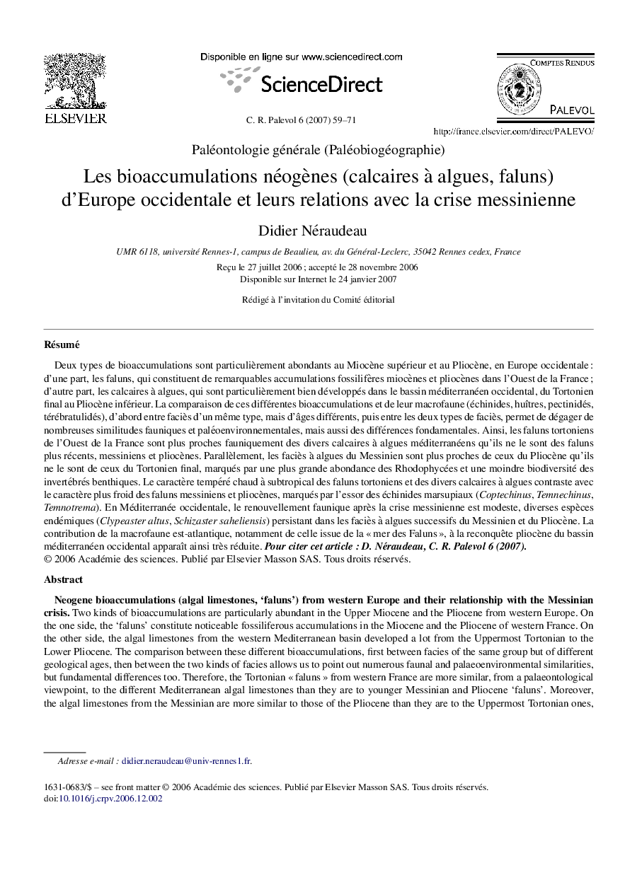 Les bioaccumulations néogènes (calcaires à algues, faluns) d’Europe occidentale et leurs relations avec la crise messinienne