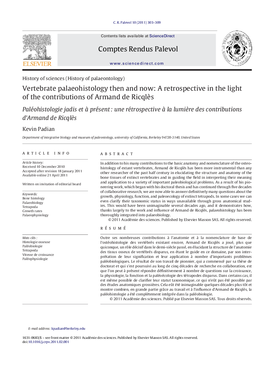 Vertebrate palaeohistology then and now: A retrospective in the light of the contributions of Armand de Ricqlès