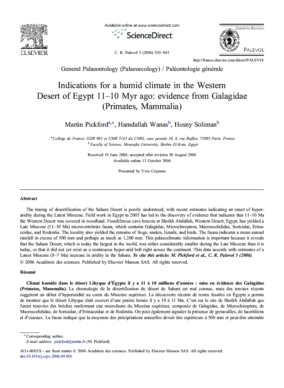 Indications for a humid climate in the Western Desert of Egypt 11–10 Myr ago: evidence from Galagidae (Primates, Mammalia)