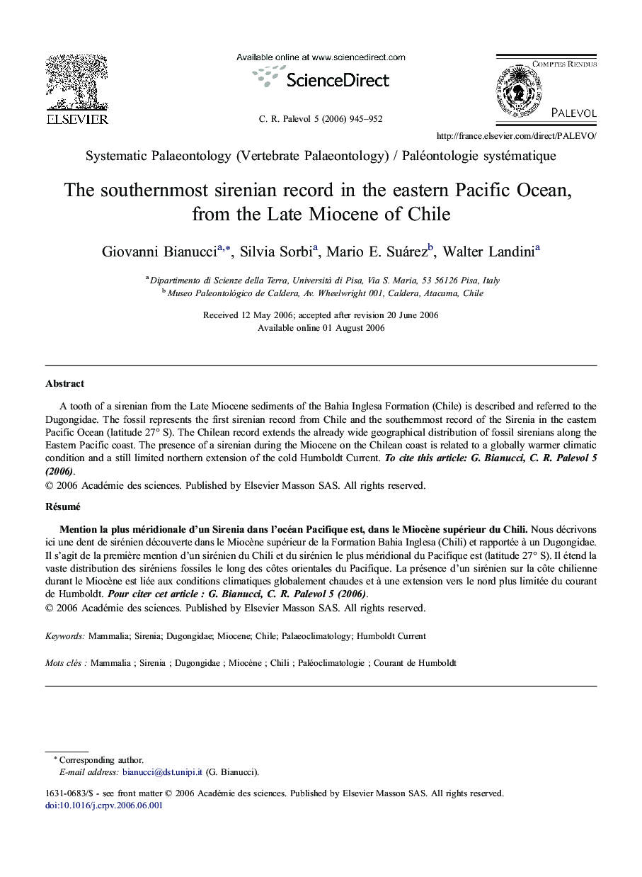 The southernmost sirenian record in the eastern Pacific Ocean, from the Late Miocene of Chile