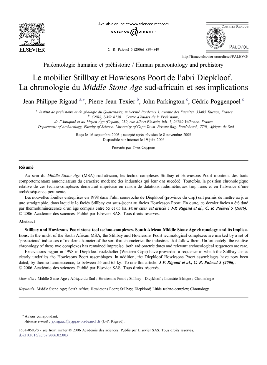 Le mobilier Stillbay et Howiesons Poort de l'abri Diepkloof. La chronologie du Middle Stone Age sud-africain et ses implications