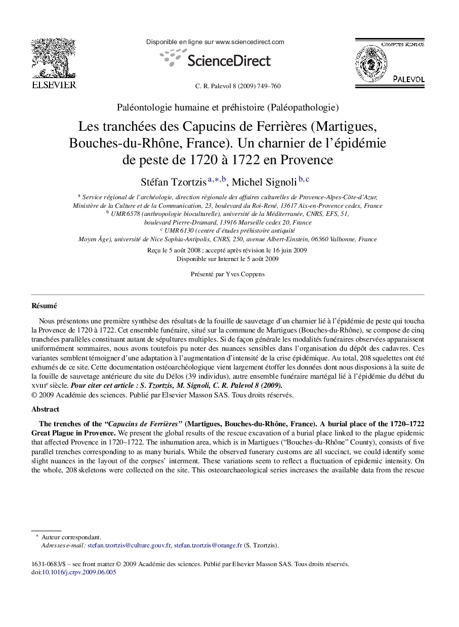 Les tranchées des Capucins de Ferrières (Martigues, Bouches-du-Rhône, France). Un charnier de l’épidémie de peste de 1720 à 1722 en Provence