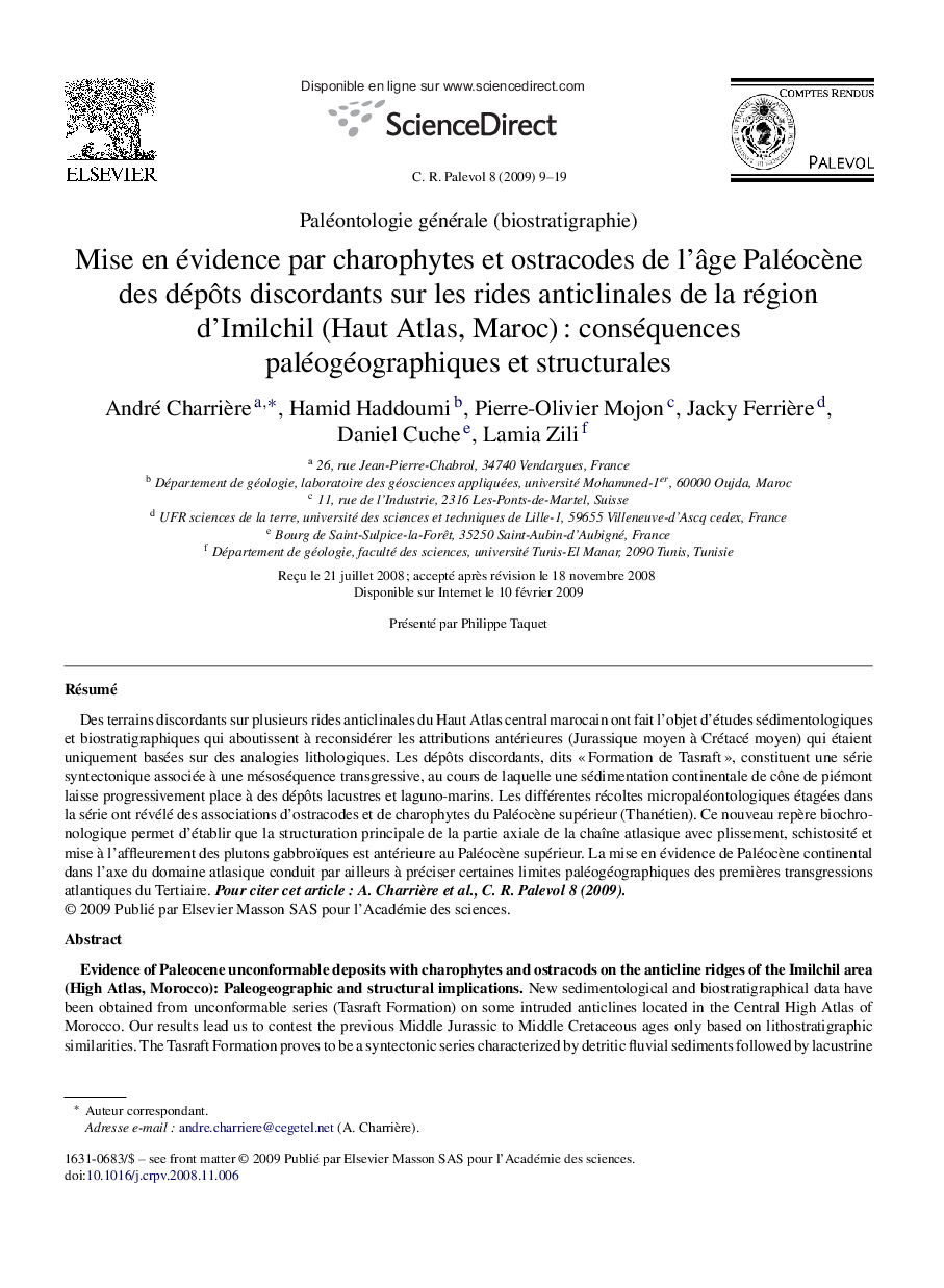 Mise en évidence par charophytes et ostracodes de l'Ã¢ge PaléocÃ¨ne des dépÃ´ts discordants sur les rides anticlinales de la région d'Imilchil (Haut Atlas, Maroc)Â : conséquences paléogéographiques et structurales