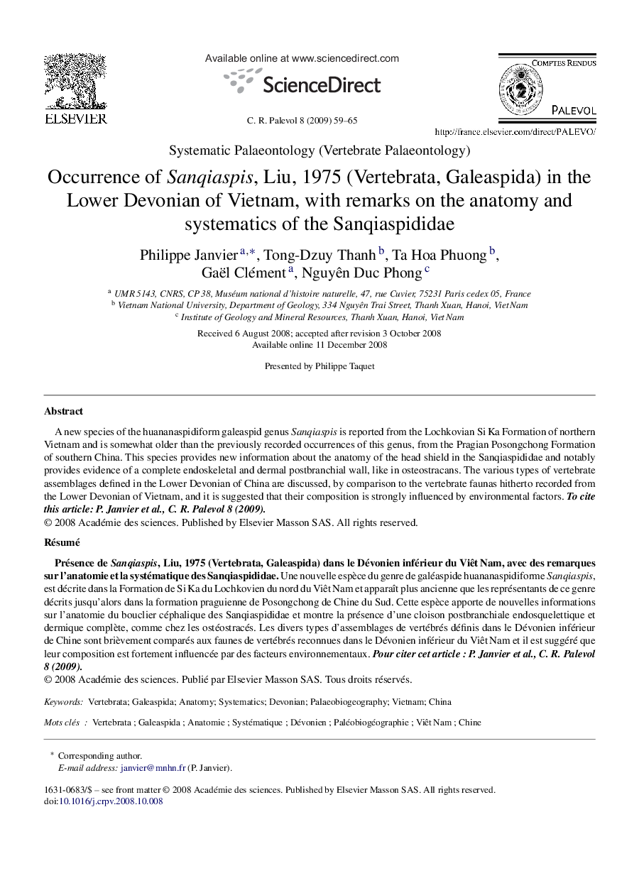 Occurrence of Sanqiaspis, Liu, 1975 (Vertebrata, Galeaspida) in the Lower Devonian of Vietnam, with remarks on the anatomy and systematics of the Sanqiaspididae