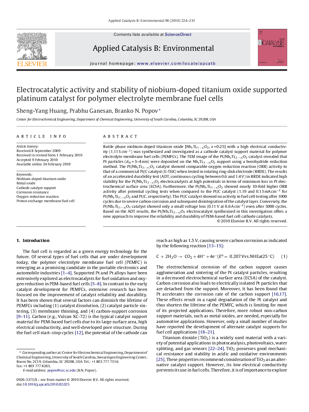 Electrocatalytic activity and stability of niobium-doped titanium oxide supported platinum catalyst for polymer electrolyte membrane fuel cells