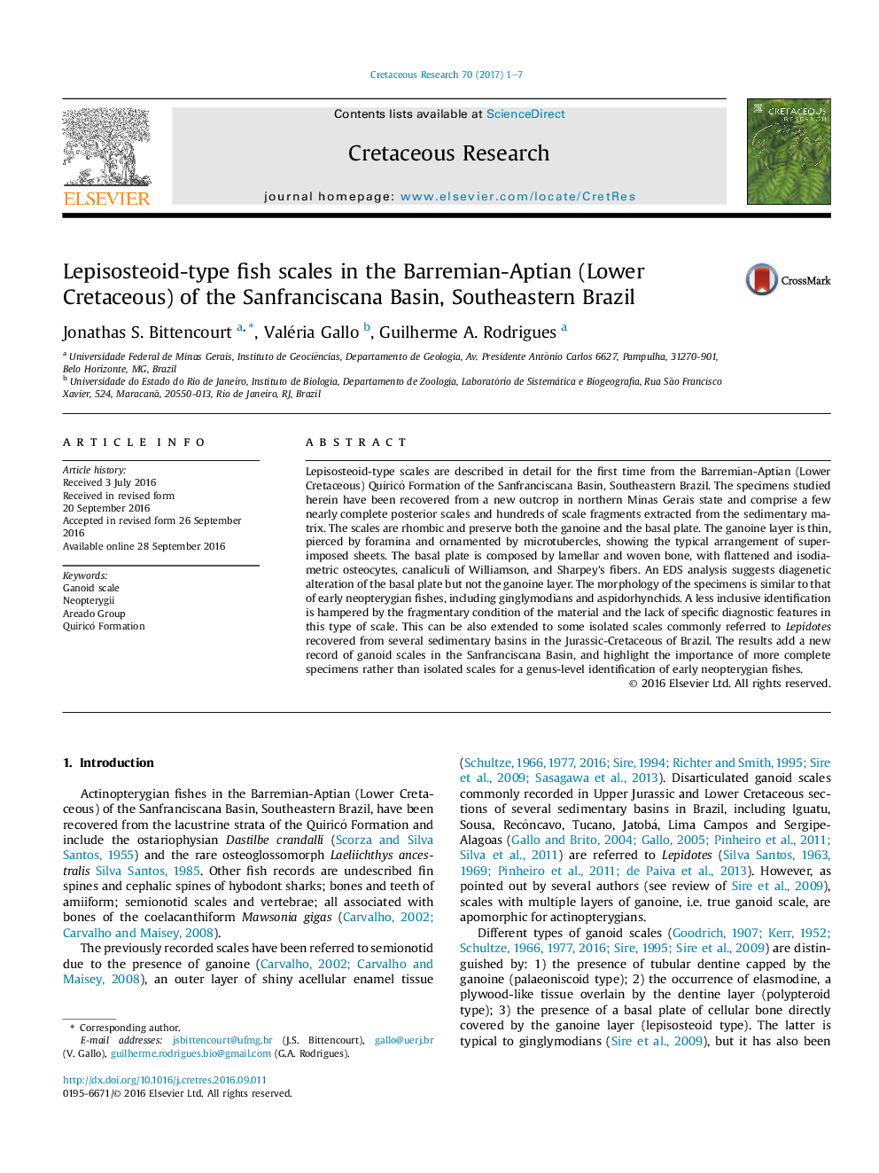 Lepisosteoid-type fish scales in the Barremian-Aptian (Lower Cretaceous) of the Sanfranciscana Basin, Southeastern Brazil