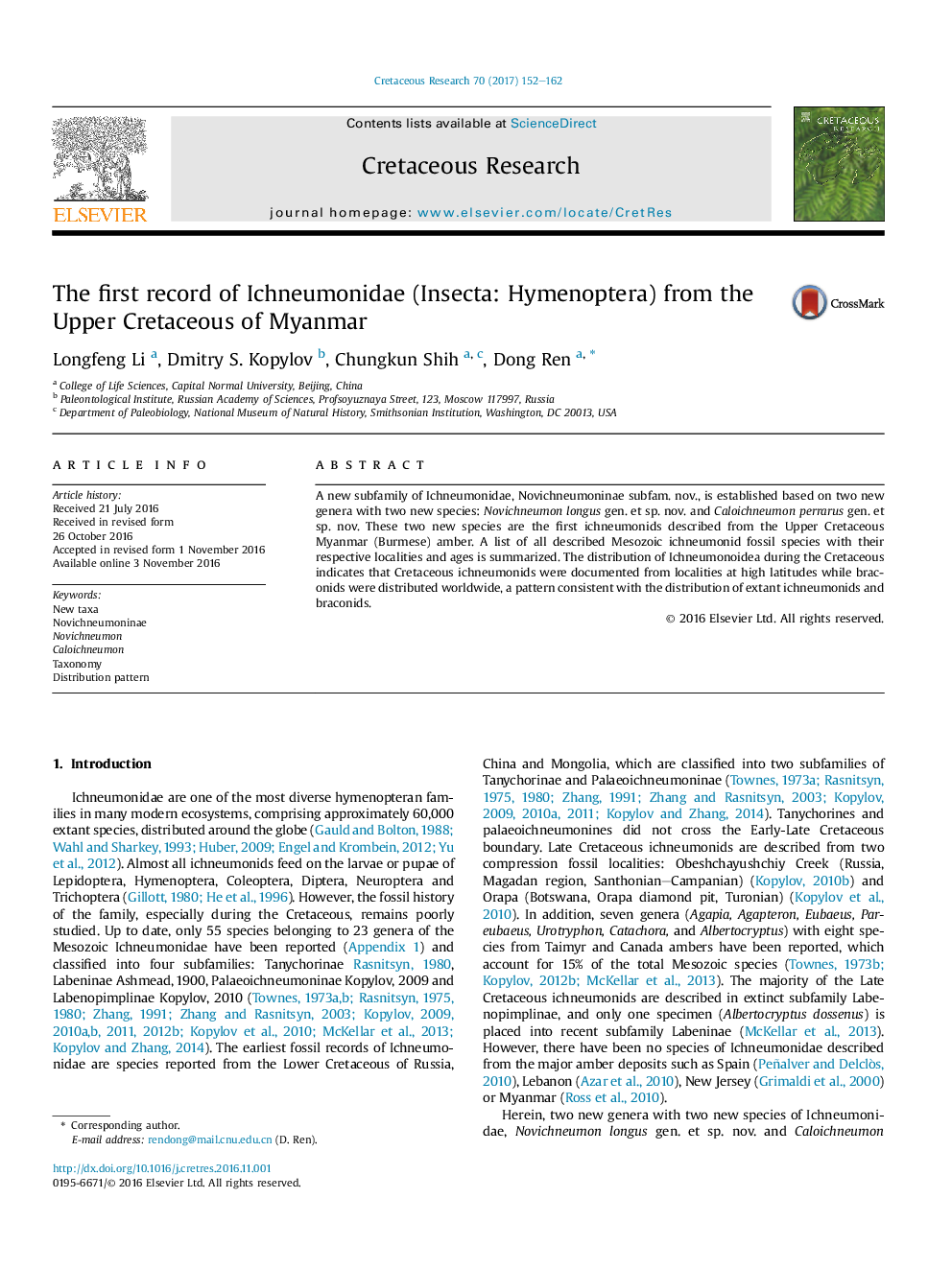 The first record of Ichneumonidae (Insecta: Hymenoptera) from the Upper Cretaceous of Myanmar