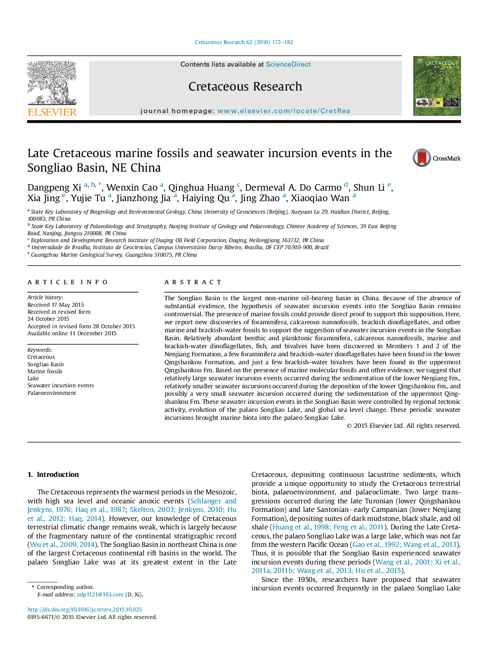 Late Cretaceous marine fossils and seawater incursion events in the Songliao Basin, NE China