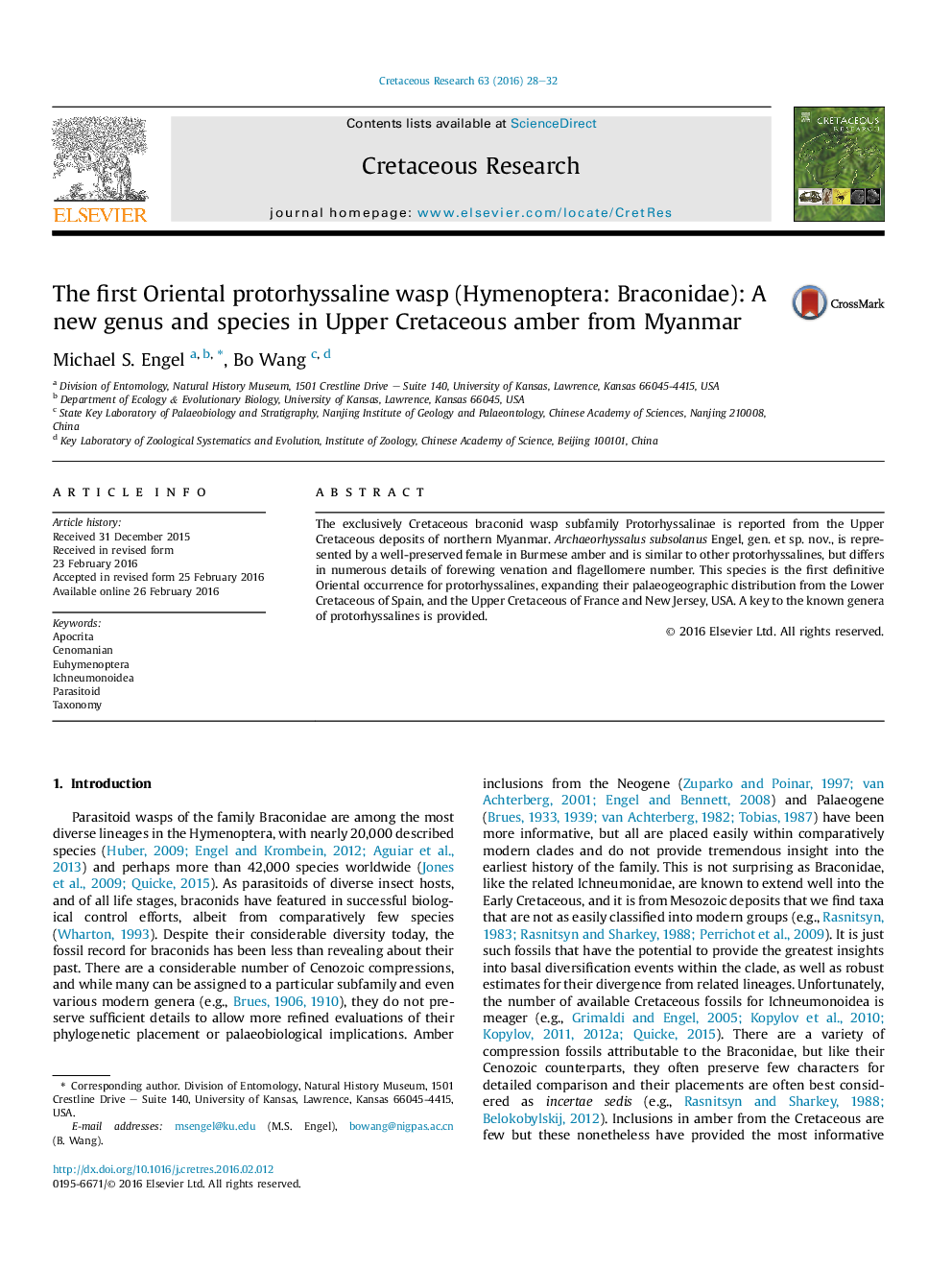 زنبور Protorhyssaline شرقی نخست (Hymenoptera: Braconidae): جنس و گونه های جدید در منجنیای کرتاسه بالا از میانمار