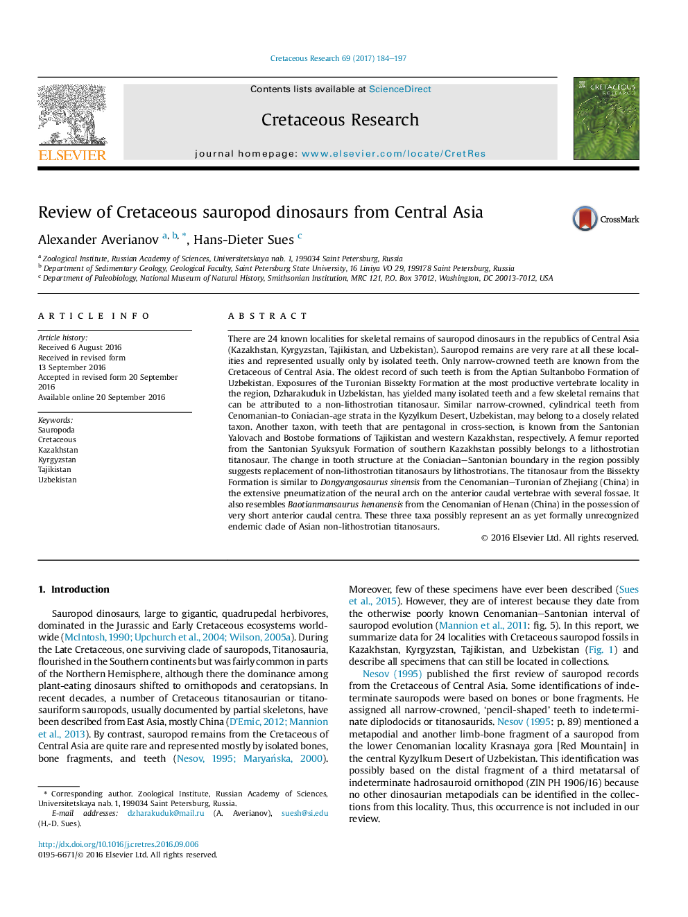 Review of Cretaceous sauropod dinosaurs from Central Asia