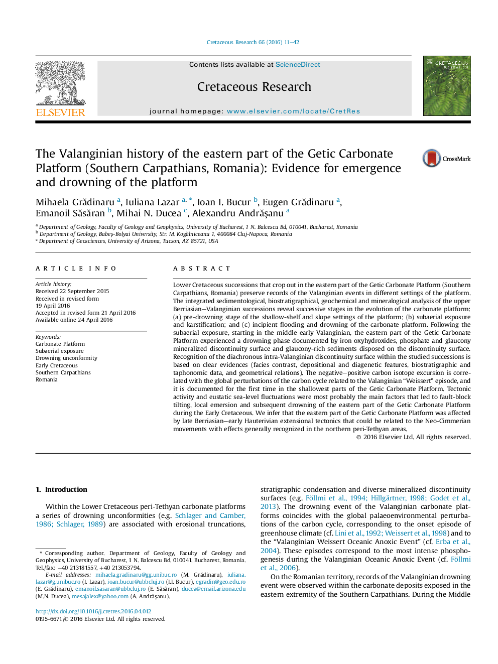 The Valanginian history of the eastern part of the Getic Carbonate Platform (Southern Carpathians, Romania): Evidence for emergence and drowning of the platform